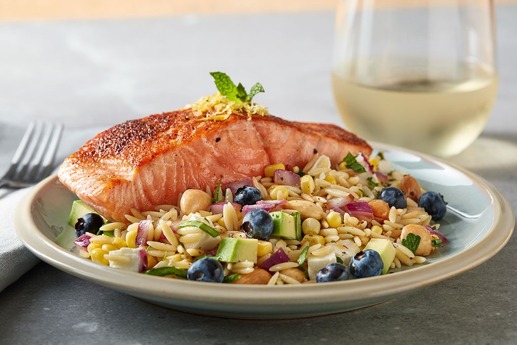 Toasted orzo carries this richly flavored dish. “Toasting the orzo brings out golden deliciousness, bronzed appearance and an unexpected texture,” Pam Smith says. “I love that it works so well in heated, room-temperature and chilled applications.”