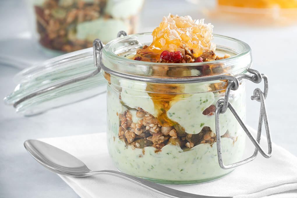 This powerhouse muesli features honey-kissed hemp granola, fruit and nuts layered with antioxidant-rich infused Greek yogurt and topped with fresh honeycomb.