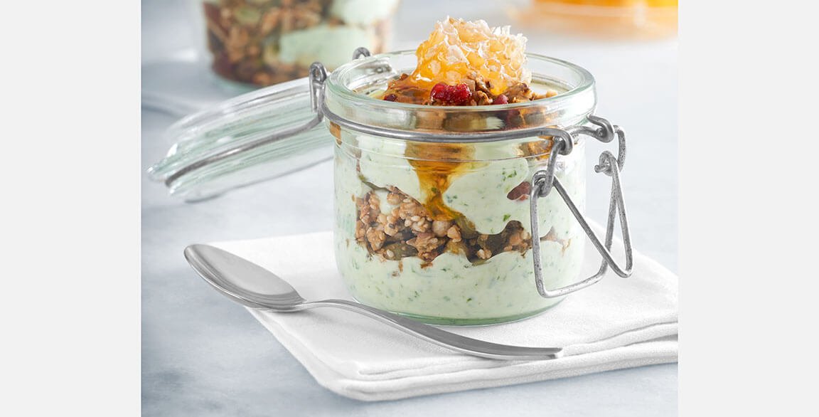 This powerhouse muesli features honey-kissed hemp granola, fruit and nuts layered with antioxidant-rich infused Greek yogurt and topped with fresh honeycomb.