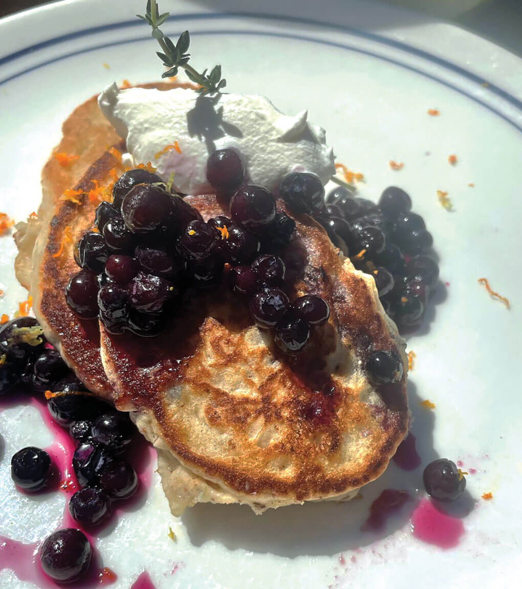 One of the newest additions to Yale’s brunch lineup, the Blueberry Buckwheat Pancakes are topped with a flavorful blueberry-thyme compote and a dollop of whipped cream.