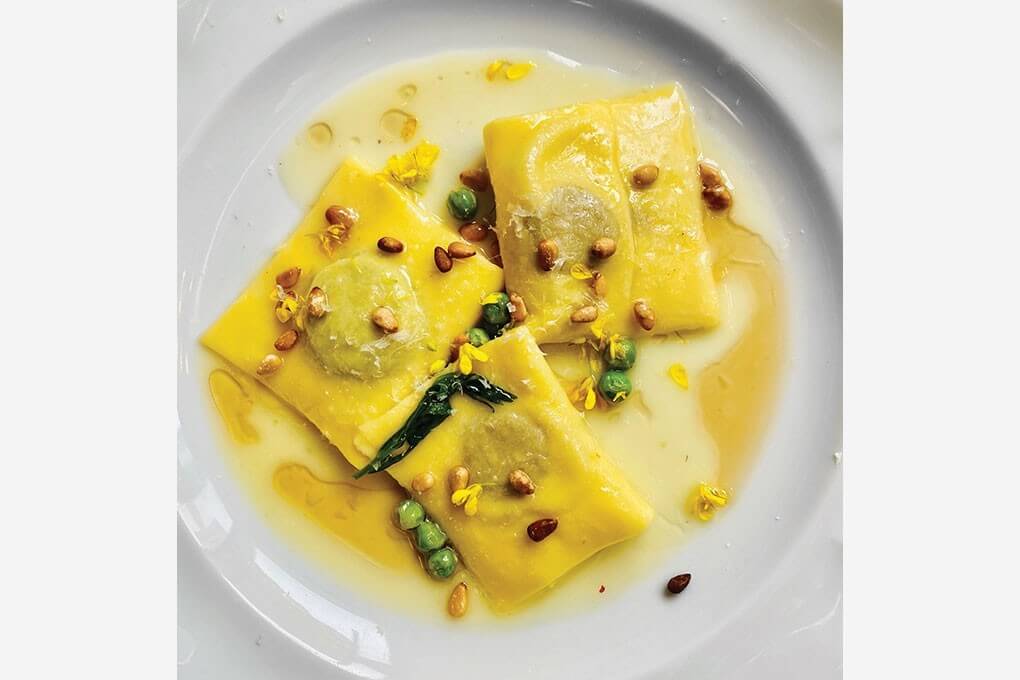 Chicken Liver And Spring Pea Ravioli Doppio with Marsala, Vidalia onions, mint, ricotta, egg, Parmigiano-Reggiano and a butter-basil-pine nut sauce