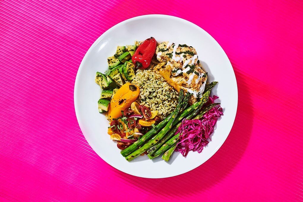 Grilled asparagus, roasted cauliflower, avocado, pickled red cabbage, tomato- basil bruschetta and grilled Gypsy peppers atop chimichurri jasmine rice