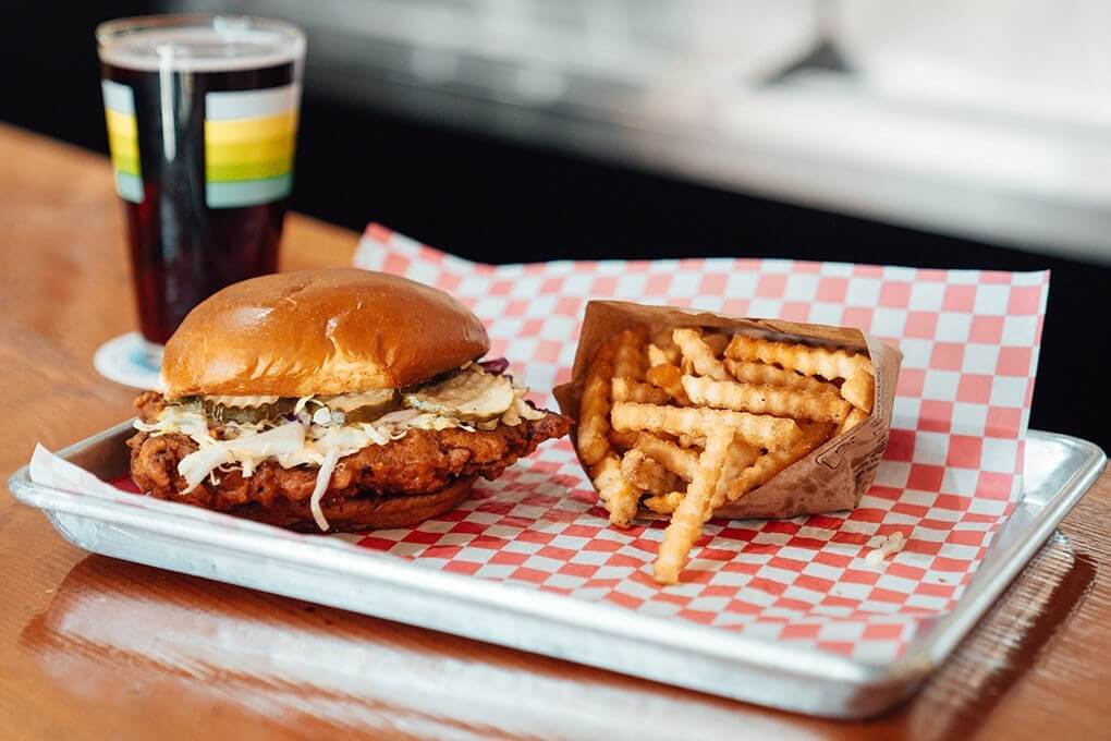 Fried chicken thigh, spicy “mud” sauce, housemade coleslaw, pickles and comeback sauce on brioche bun