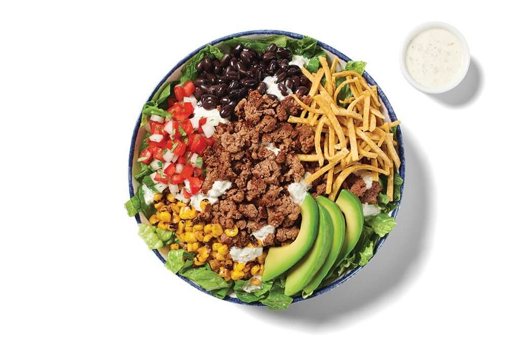 Plant-based ground meat, black beans, romaine, roasted corn, salsa fresca, tortilla strips, avocado and pickled jalapeño-ranch dressing