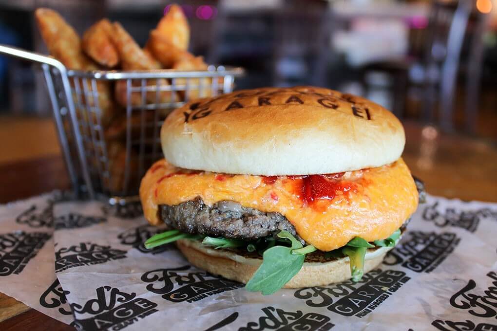 Half-pound grilled black Angus, pimento cheese spread, arugula and Fresno chile jam on brioche