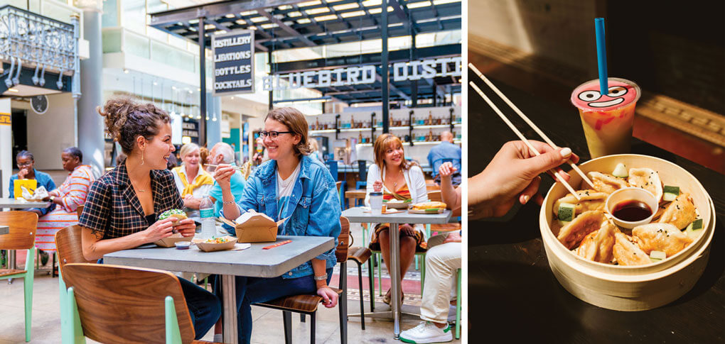 At Philadelphia’s The Bourse, the food hall experience is in full force, offering a range of fun stalls like the globally inspired Pinch Dumplings.
