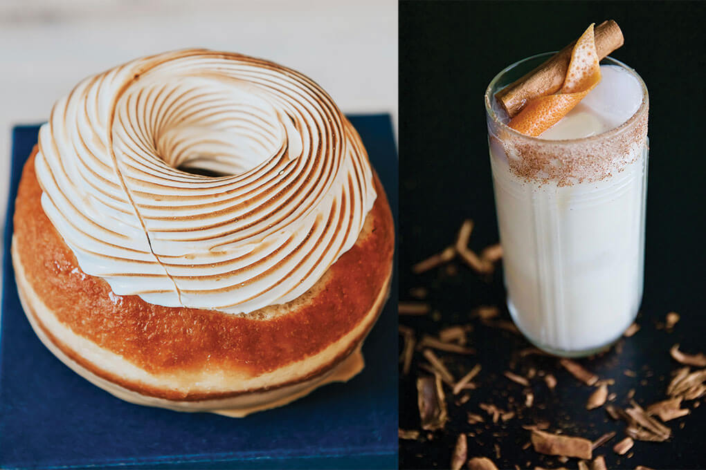 (left) The Salty Donut’s Dallas location soaks its brioche-based Horchata doughnut in housemade horchata for 24 hours before being bottom encrusted with Valrhona Caramelia chocolate and finished with a torched cinnamon meringue. (right) Tony Pereyra’s Meet Me at the Playa cocktail features horchata, coconut-infused rum, orange blossom water and chicory-pecan bitters and is served with orange peel, a cinnamon stick and a cinnamon-sugar rim.