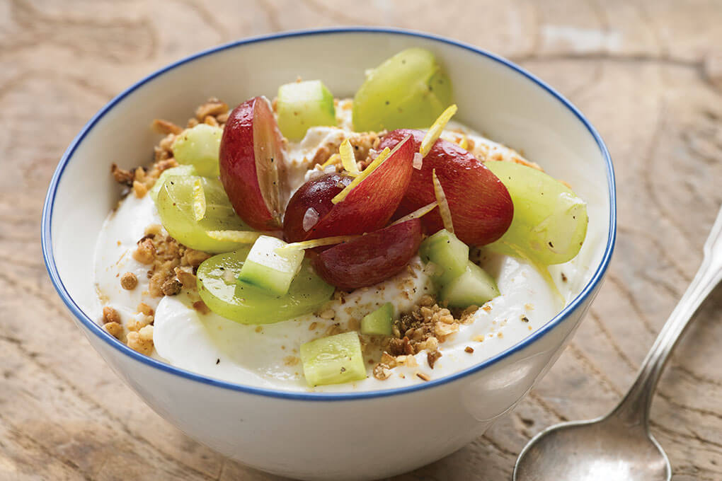 Savory Yogurt with Grapes and Cucumbers gives diners a memorable morning start with its complex play of flavors and textures.