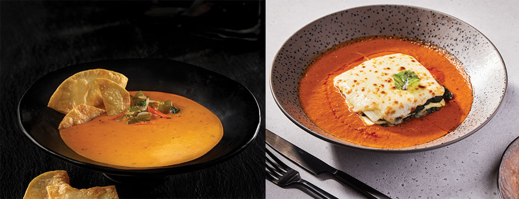 (left) Bar Amá in Los Angeles offers a plant-based version of the classic queso, using a creamy cheddar-almond combination, made with a dairy-free cheddar. (right) For his Spinach & Paneer Lasagne, Manish Tyagi uses a blend of paneer and mozzarella for a craveable Indian-Italian mash-up at Aurum in Los Altos, Calif.