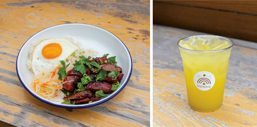 Filipino flavors are at home on brunch menus. Kasama’s Filipino Breakfast Bowl sports longaniza, barbecue tocino, white sticky rice and a fried egg. The Calamansi Lemonade (above) is both familiar and new, with citrus and floral notes.