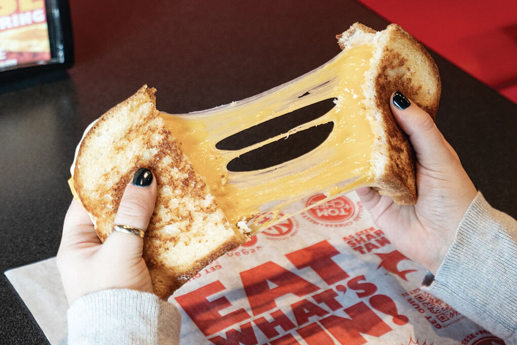 Have you tested your cheese pull lately? TikTok and Instagram users love to show off a good cheese pull on everything from nachos to pizza to grilled cheese, like this epic cheese pull at Tom & Chee. “We like to showcase the ooey, gooey, craveworthy images that cheese allows,” says Tyler Kraemer for Tom & Chee.