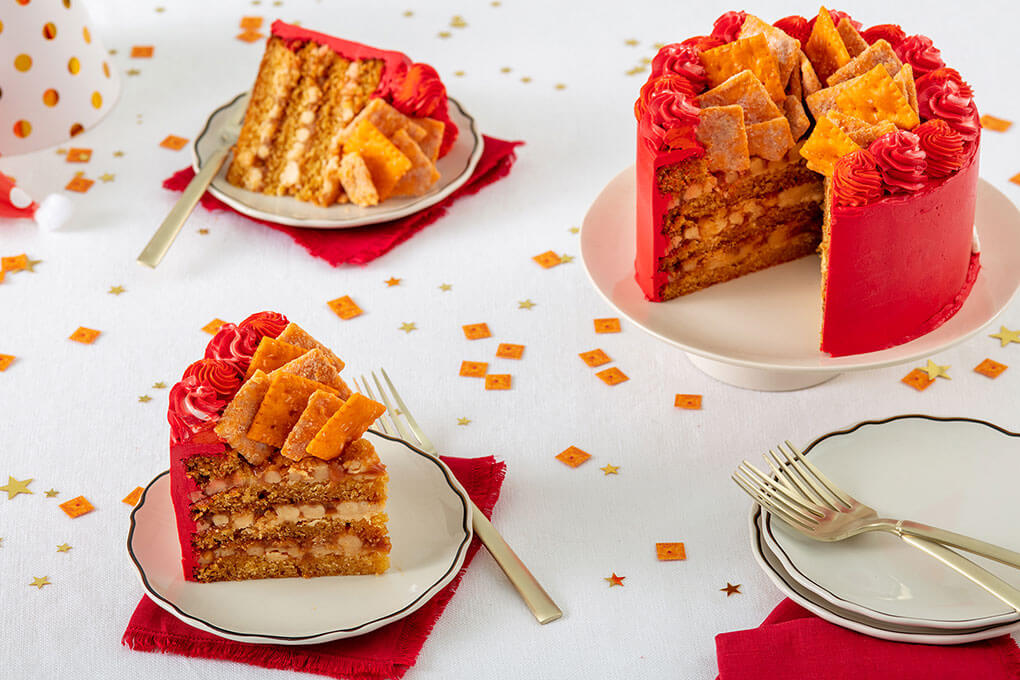 Stephanie Izard’s Cheez-It Crunch Cake, available at her Sugargoat bakery in Chicago, features an entire box of Cheez-It crackers in every cake, including a Cheez-It-and-shortbread crumble in between layers and Cheez-It crackers on top.