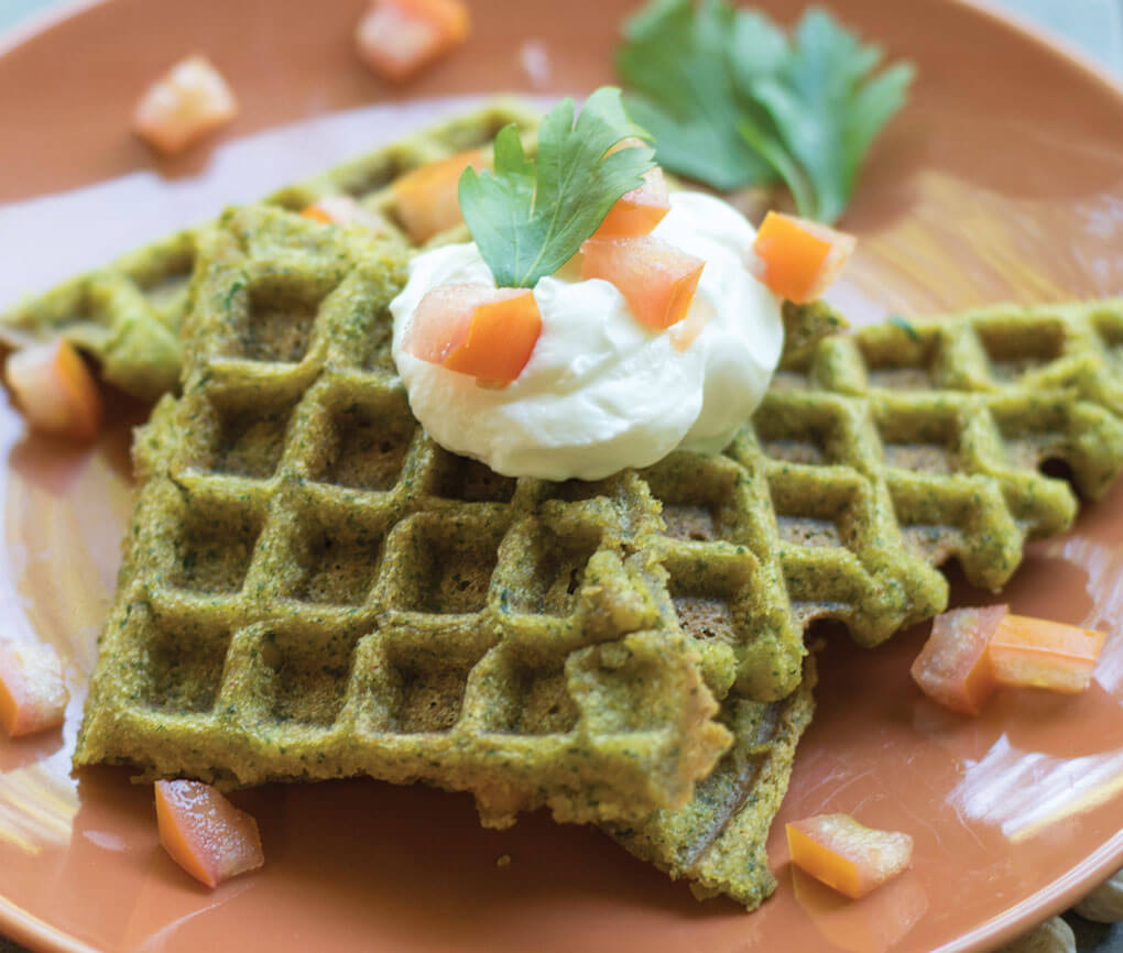 Putting an Eastern Med spin on a breakfast favorite makes these Savory Chickpea Falafel Waffles ideal for any daypart.