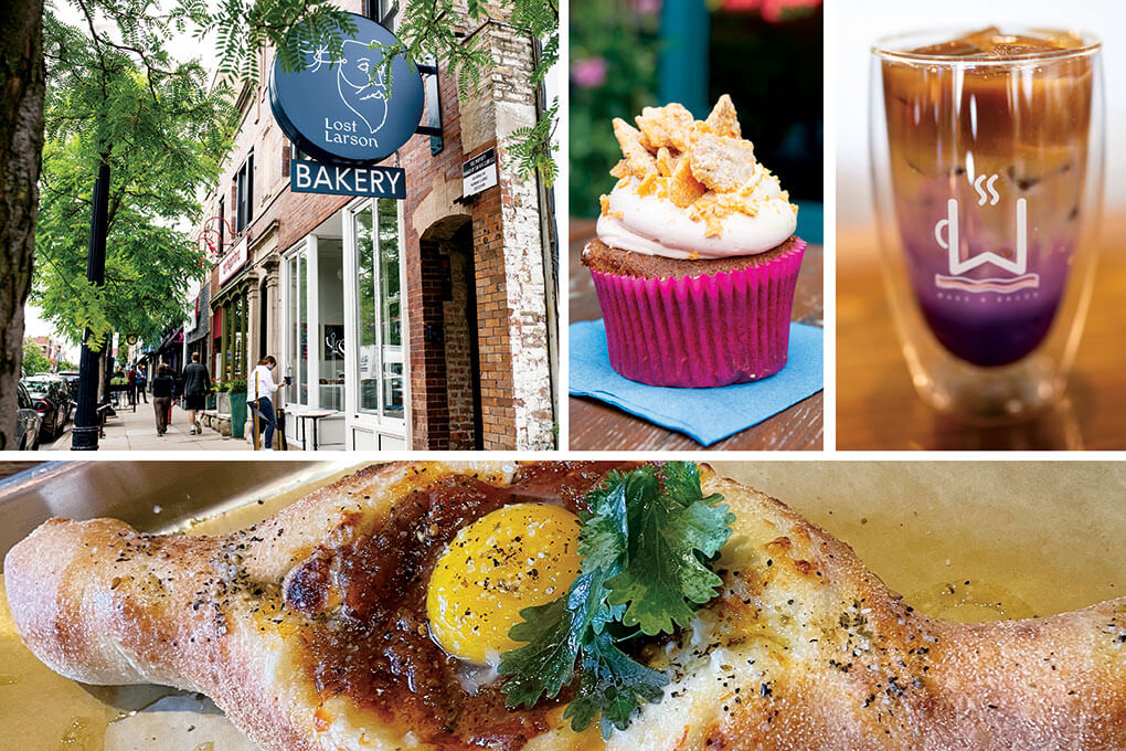 (Clockwise from top left): Bobby Schaffer’s Lost Larson bakery/cafe features savory pastries inspired by his Swedish heritage; Sugargoat’s Cheez-It Cupcake is a to-go version of owner Stephanie Izard’s famously whimsical cake melding cheddar cheese, strawberry Nesquik buttercream and peanut butter flavors; The Shakshuka Khachapuri at Fiya bubbles over with melted cheese, tomato sauce and soft egg yolk; Purple Haze, served at Lakeview’s Wake ’n Bacon, is an iced latte showcasing an ube base, topped by layers of oat “milk” and cold-brew coffee.
