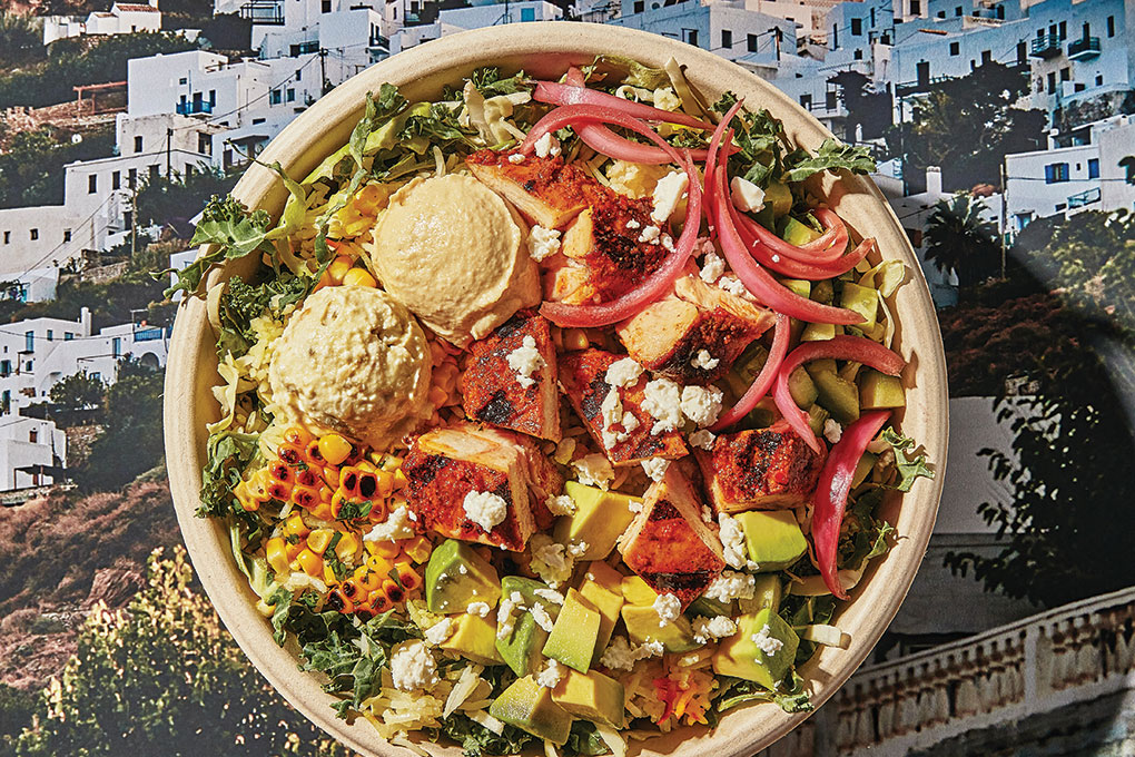 Cava’s bowl options include flavorful elements like the chain’s SuperGreens and basmati rice, jalapeño-infused feta mousse, hummus, harissa-honey chicken, fire-roasted corn, avocado, pickled onions, cucumber and feta and a hot harissa vinaigrette.