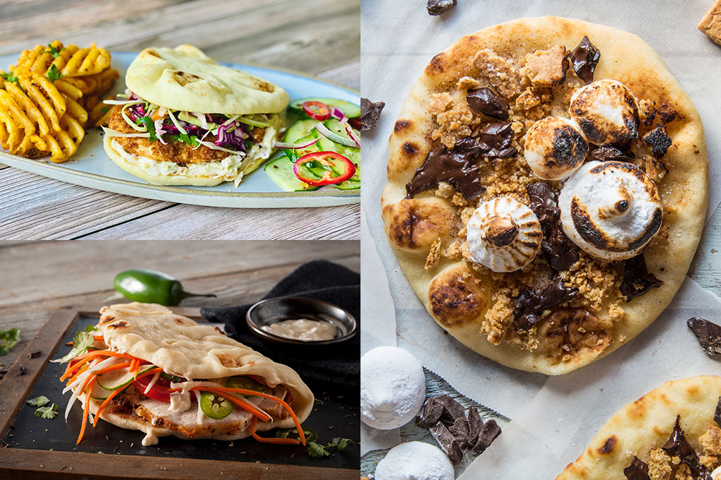 Naan’s inherently sturdy and flexible structure gives it endless versatility, whether used as bread “slices” for a Chicken Katsu Sandwich, folded around a banh mi filling, or even carrying a decadent and playful Smore’s Pizza.