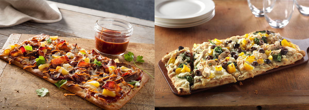 Flatbreads are a trusted carrier of adventurous flavor profiles, giving chefs ample opportunity to build signature flavor systems like BBQ Pulled Pork Flatbread (left) or Chicken Alfredo (right).