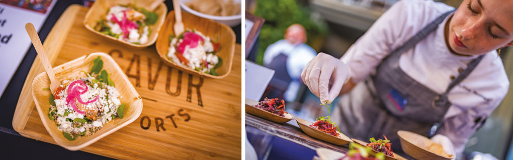(Left) Tastings kept the inspirations flowing. Dot Foods/Savor Imports showcased a “Mexiterranean” Bowl with Savor ingredients including Chimi-Grilled Chicken Breast, quinoa, Kalamatas, roasted tomatoes and pickled red onions. (Right) Chef SyEnna Hackbarth garnishes a Blueberry Calypso Rice dish of blueberry jerked jackfruit and beans over a smoked blueberry-mango slaw and blueberry-coconut rice.