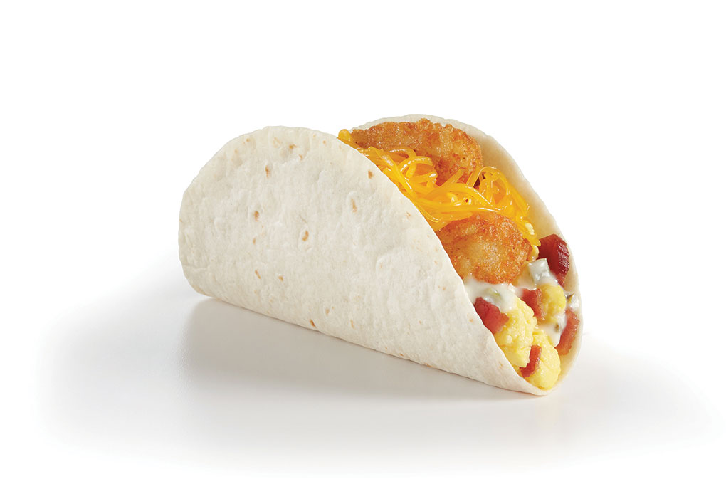 Recent efforts in the breakfast daypart are paying off for Del Taco, with consumers responding positively to offerings like this Hash Browns & Bacon Double Cheese Breakfast Taco, with cheddar, queso blanco, crispy bacon, hash brown sticks and scrambled eggs in a warm flour tortilla.