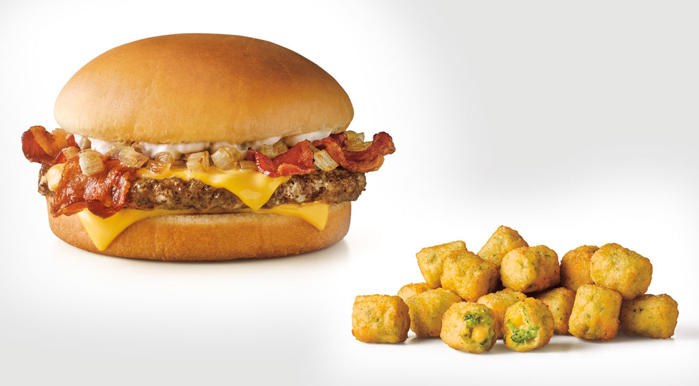 Sonic brought back its Garlic-Bacon Butter Burger this fall (above), in part because of its popularity, but also because its ingredient list and execution are easy on both the supply chain and operations; The Broccoli-Cheddar Tots (left) is Sonic’s riff on a homey broccoli-cheddar casserole. Served with ranch dressing, these vegetable-based tots “tested the waters,” and performed really well as one of its fall LTOs.