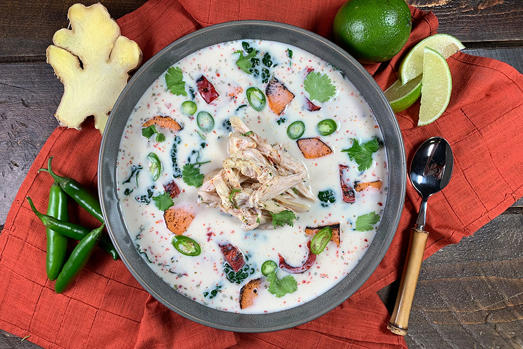 With its bright, complex flavors, Coconut Lime Soup is an inviting platform for signature tweaks. This version features Haliburton International Foods’ Thai coconut soup concentrate, fire-roasted sweet potato and red bell peppers.