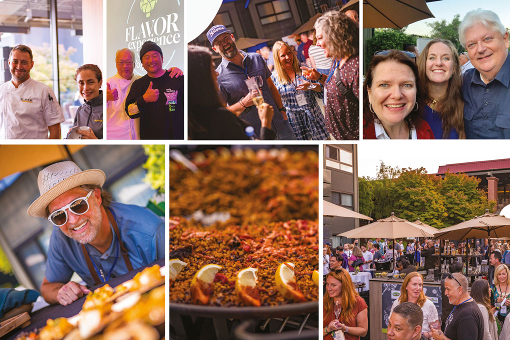 Top, left to right: Flavor Experience chefs Josh Ogrodowski and Valeria Molinelli at the helm; The Cheesecake Factory’s Robert Okura and Chef Roy Choi shared the stage for a memorable conversation; Abe Van Beek (Gelson’s Markets), Jaclyn Glatzer (Summit) and Tamra Scroggins (Grill Concepts) catch up at the opening reception; Katie Ayoub, Maeve Webster and Chef Gerry Ludwig pose for a selfie. Bottom, left to right: Chef Keith Brunell is all smiles at the Alaska Seafood Marketing Institute’s station; Texas Pete served up a Smoky Paella with Texas Pete ¡Sabor! pulled chicken, chorizo, smoked pimentón grilled vegetables and crispy rice garnish with Texas Pete Dust; attendees enjoyed the outdoor setting at the Monterey Hyatt.