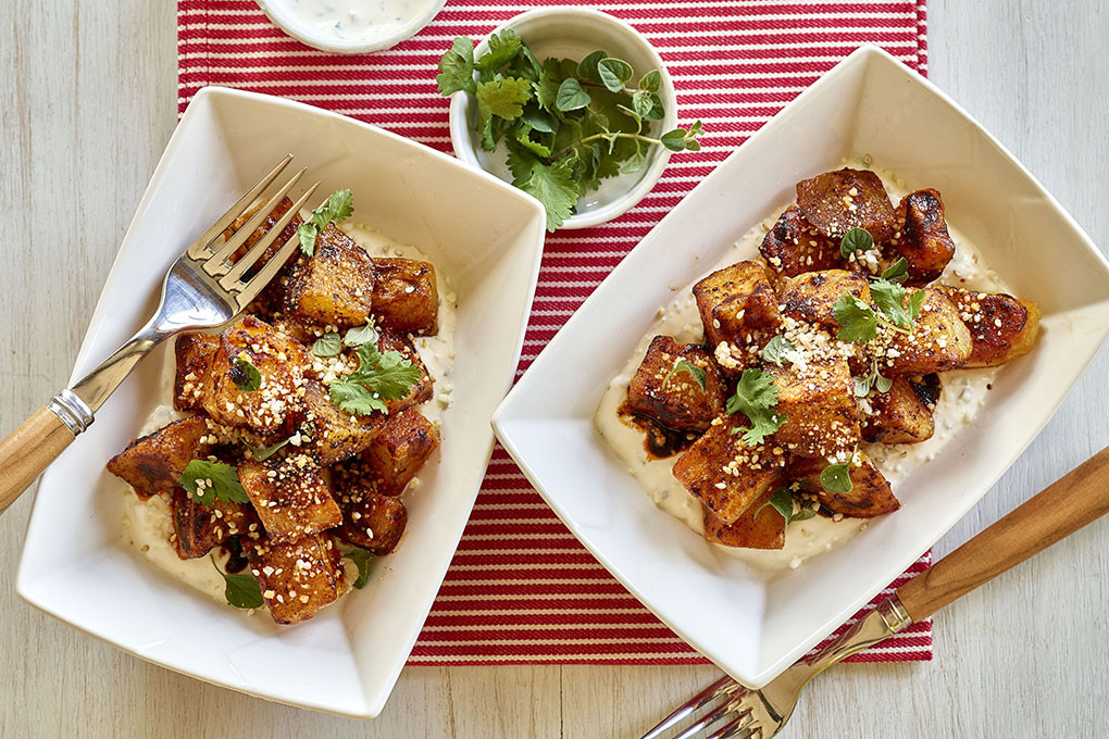 In this Papas Veracruz, Cotija introduces a slightly salty element that doesn’t overwhelm the dish. For the potato element, russet is swapped out for tricolor fingerlings.