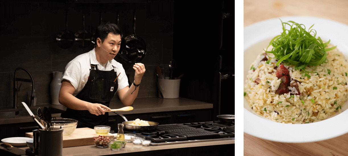 Lucas Sin, chef-owner of Junzi Kitchen and Nice Day in New York, showed attendees his masterful technique for fried rice.