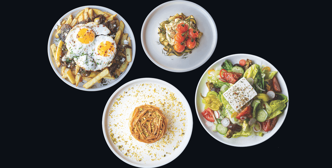Andros Taverna in Chicago puts forth a menu of modern Greek cuisine (clockwise from top right): Ikaria, a brunch dish of egg whites slow-cooked and scrambled with zucchini; the Andros Salad with barrel-aged feta; Vanilla Soufra, a ruffled custard pie with crispy phyllo and roasted pear; and the Olympia, loaded fries with eggs and gyro.