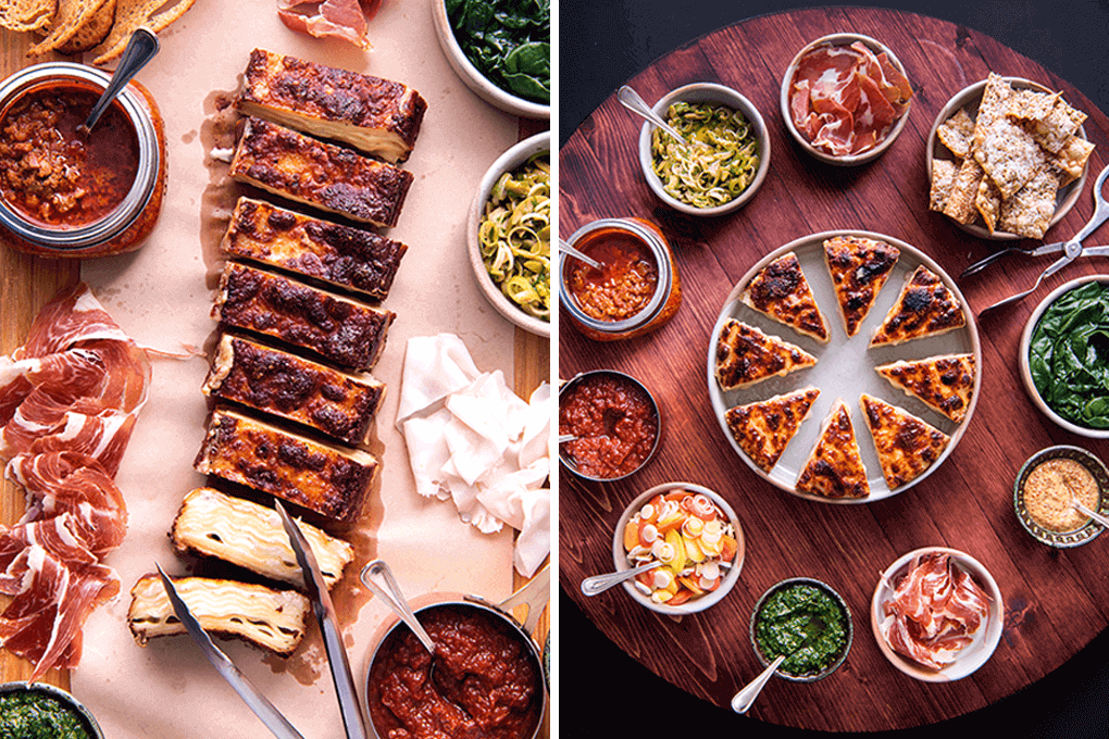 Proving lasagne’s versatility and capitalizing on its craveability, Simpson uses a terrine of lasagne as a centerpiece for a shareable charcuterie board. View the recipe here.