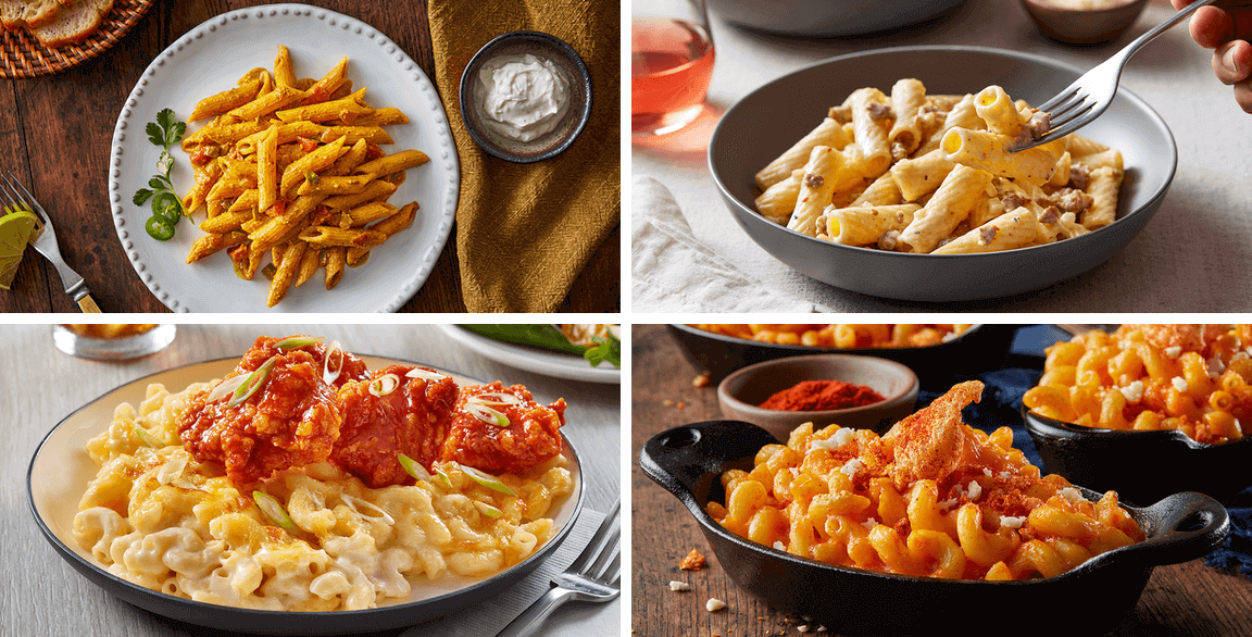 Trend-forward pasta dishes are easier on the line with Barilla Frozen, offered in four popular pasta cuts, highlighted here: (clockwise) Penne with Afghan Qorma, a pasta adaptation of a traditional Middle Eastern braise.; Rigatoni Alla Norcina, a classic Umbrian pasta dish; Berbere-Spiced Mac and Cheese Cellentani; and Korean Fried Chicken Mac and Cheese, developed by the culinary team at the University of Massachusetts in Amherst, Mass. 