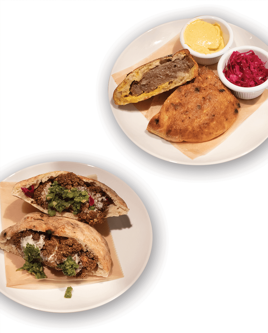 Sami & Susu offers a Lamb Arayes (left) served with amba aïoli and fermented red cabbage and a Cauliflower Pita (right) stuffed with creamy tahini, spicy green s’chug relish and fermented red cabbage