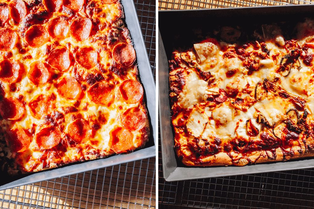 Chef Bill Kim’s Pizza & Parm Shop serves Detroit-style pan pizza in Chicago and on Purdue University’s campus. Classics like the Pepperoni Slice (top) find favor with college kids. Urban diners love bolder choices like Kim’s Korean BBQ Ground Beef & Kimchi Pizza (right).