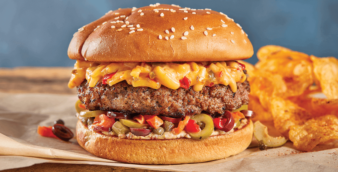 For this signature burger build, Chef David J. Stadtmiller chooses Price*s Rich & Savory Pimiento Cheese Spread for its authentic cheddar flavor.