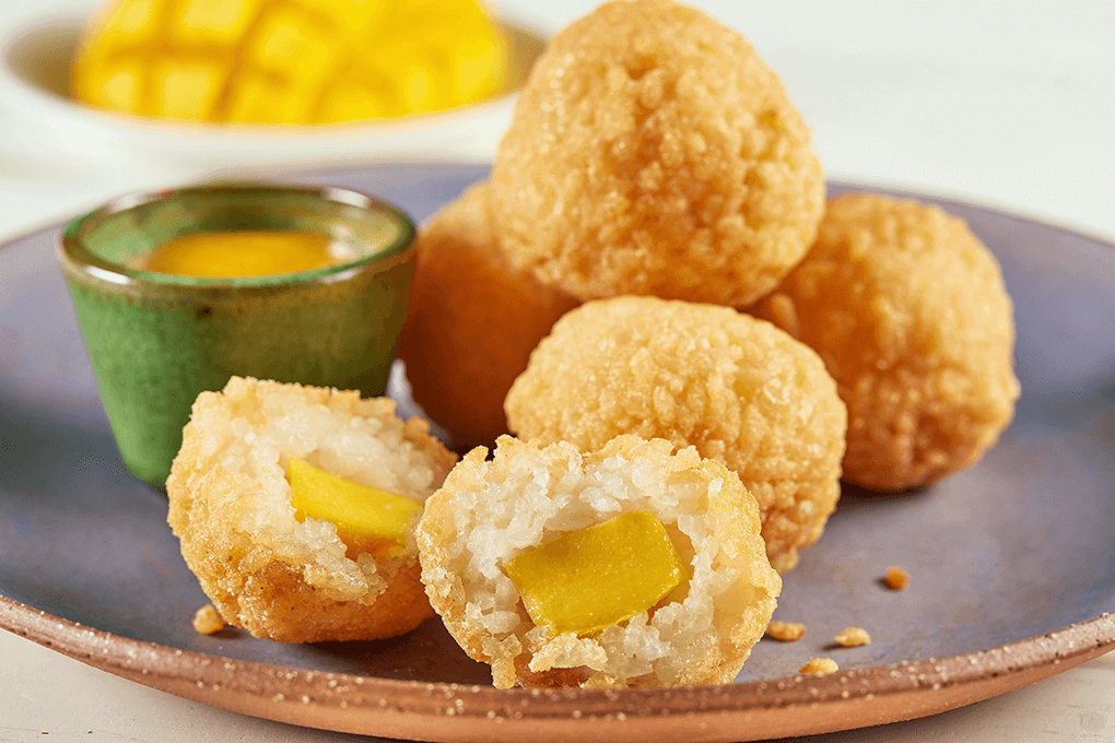 Fried Mango Sticky Coconut Rice with Mango Dipping Sauce