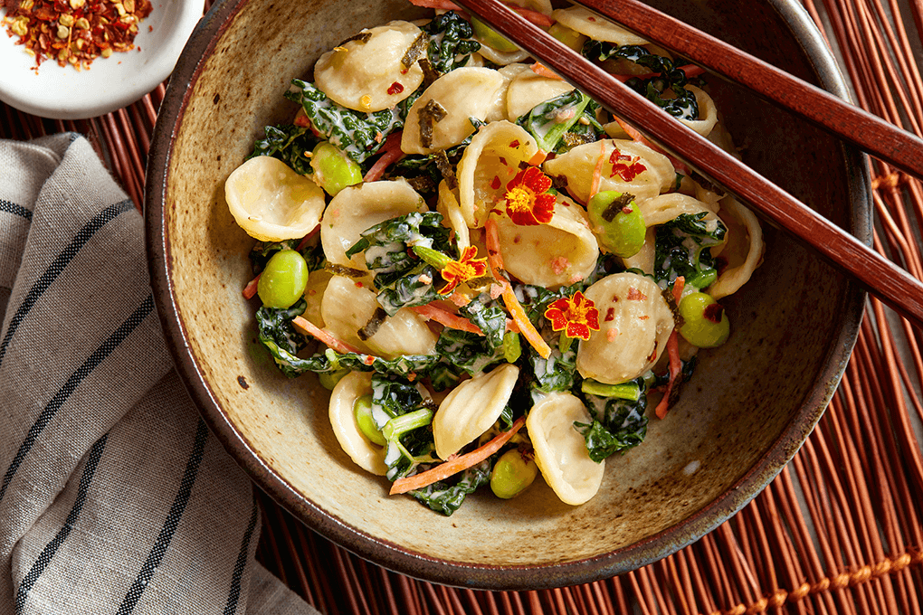 Miso Orecchiette with Garlicky Asian Vegetables and Furikake