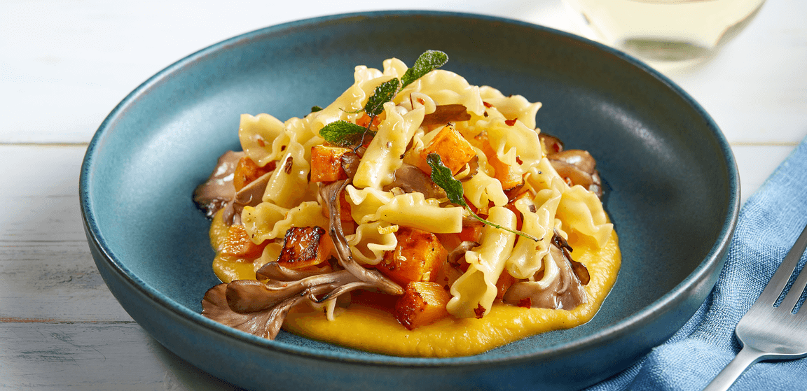 Campanelle Pasta with Butternut Squash, Maitake Mushrooms, Sage & Chiles