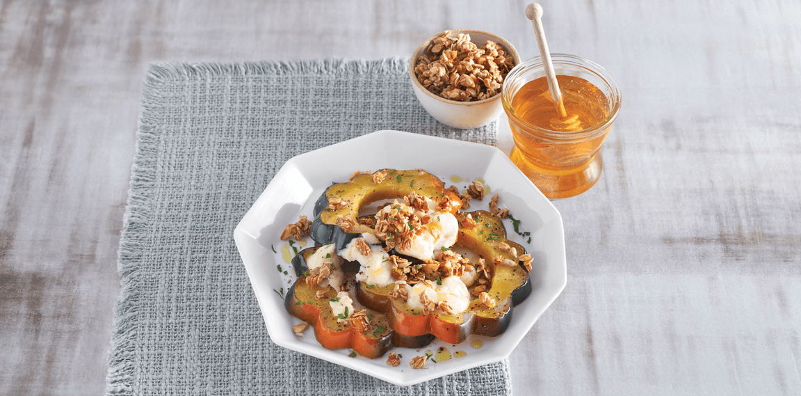 Honey-Roasted Acorn Squash with Honey-Lemon Ricotta and Spicy Hazelnut Granola
