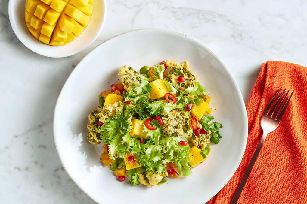 Picture for Mango & Frisée “Chaat” Salad with Cilantro & Mint Chutney, Kale-Chickpea Chips, Pomegranate Seeds, Chiles