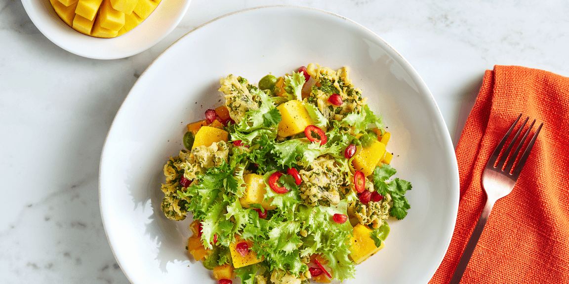 Mango & Frisée “Chaat” Salad with Cilantro & Mint Chutney, Kale-Chickpea Chips, Pomegranate Seeds, Chiles