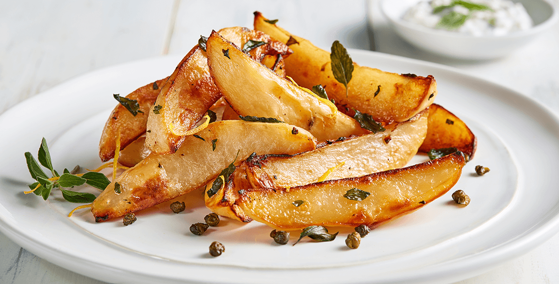 Roasted Greek Idaho® Potatoes with Tzatziki, Fried Capers and Dill