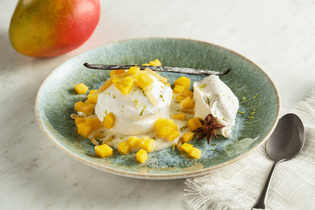 Picture for Poached Mango with Lemongrass Crème Anglaise and Coconut Sorbet