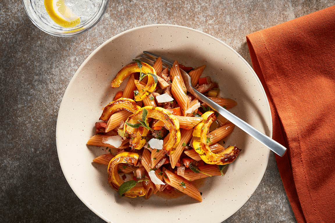 Red Lentil Penne, Pork Sugo, Delicata Squash and Pecorino