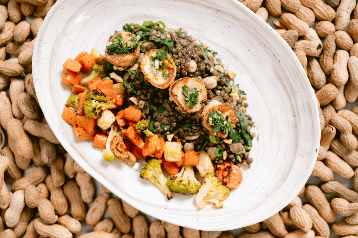 Mushroom “Scallops” Over Lentil & Boiled Peanut Ragu