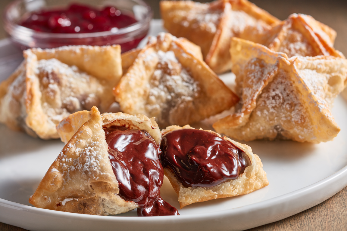 Ghirardelli Chocolate Rangoons with Lingonberry Sauce