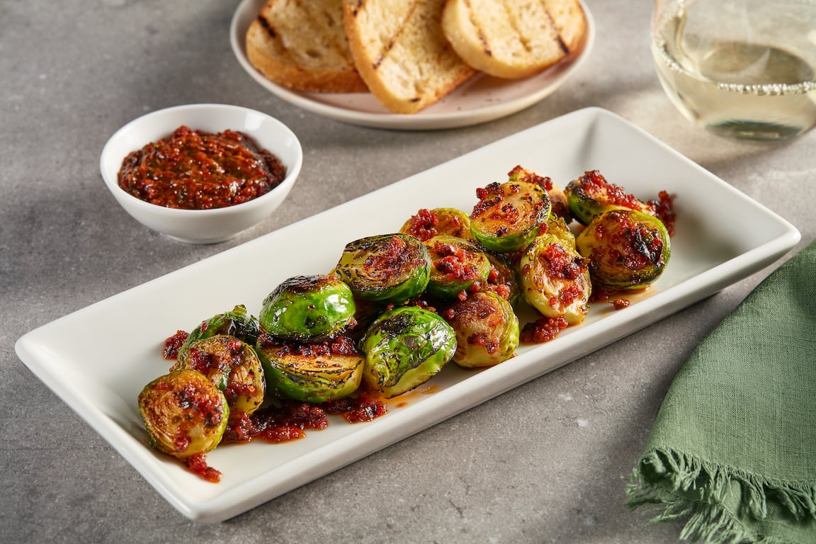 Crispy Brussels Sprouts With Tuscan Tomato ’Nduja Vinaigrette - Flavor ...