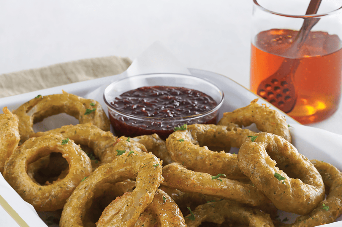 Picture for Falafel-Battered Onion Rings with Kalamata Olive Honey