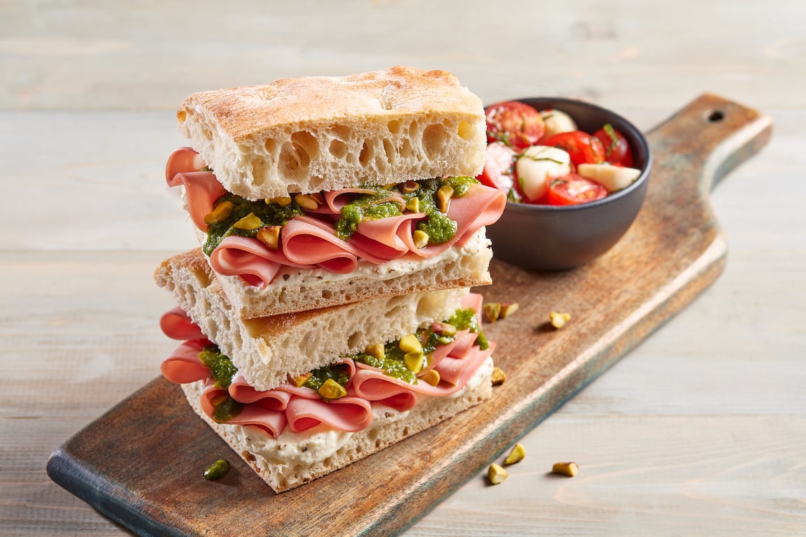 Picture for Mortadella Focaccia with Ricotta Cheese, Pesto and Pistachios