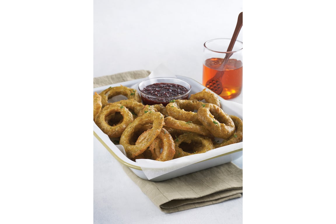 Picture for 2: Falafel-Battered Onion Rings with Kalamata Olive Honey