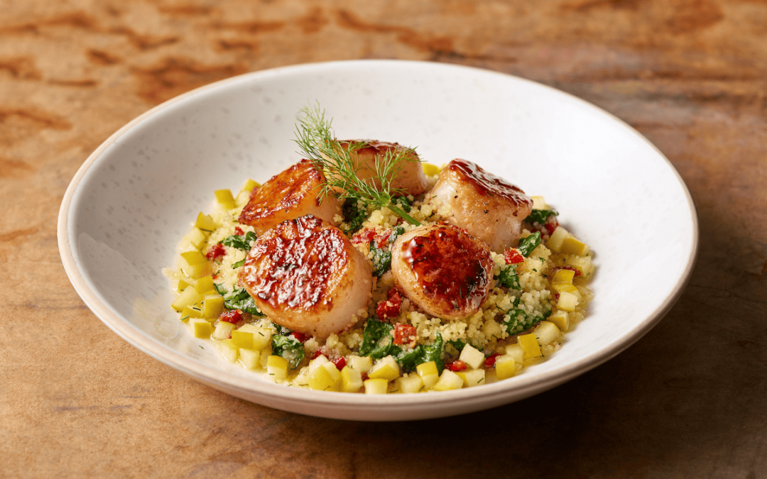 Seared Jumbo Scallops with Green Apple-Citrus Mirin Recipe courtesy of Kevin Ripley | Sponsor: Kikkoman